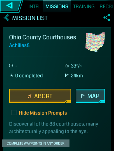 The Ingress game showing the Ohio County Courthouses mission screen.