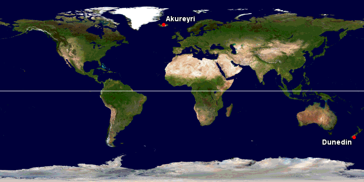 Map of the Earth. Akureyri, Iceland and Dunedin, New Zealand are marked, and the equator is shown.