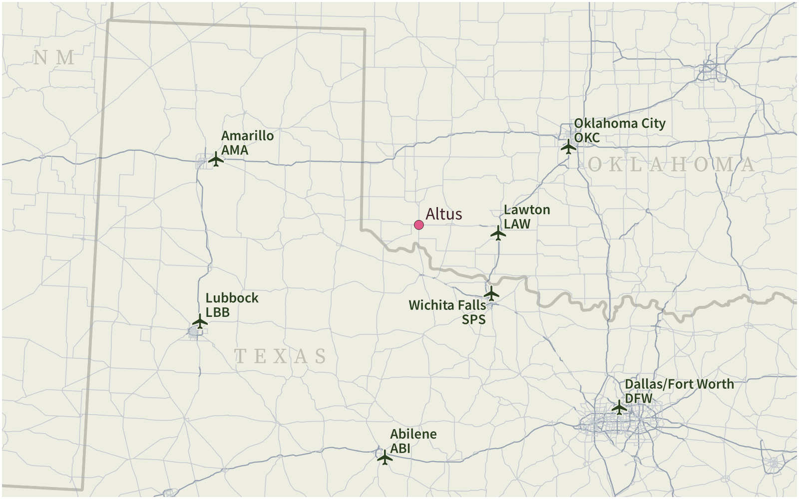 Map of Oklahoma and north Texas, showing the city of Altus, Oklahoma, and the Amarillo, Lubbock, Oklahoma City, Lawton, Wichita Falls, Abilene, and Dallas/Fort Worth airports.