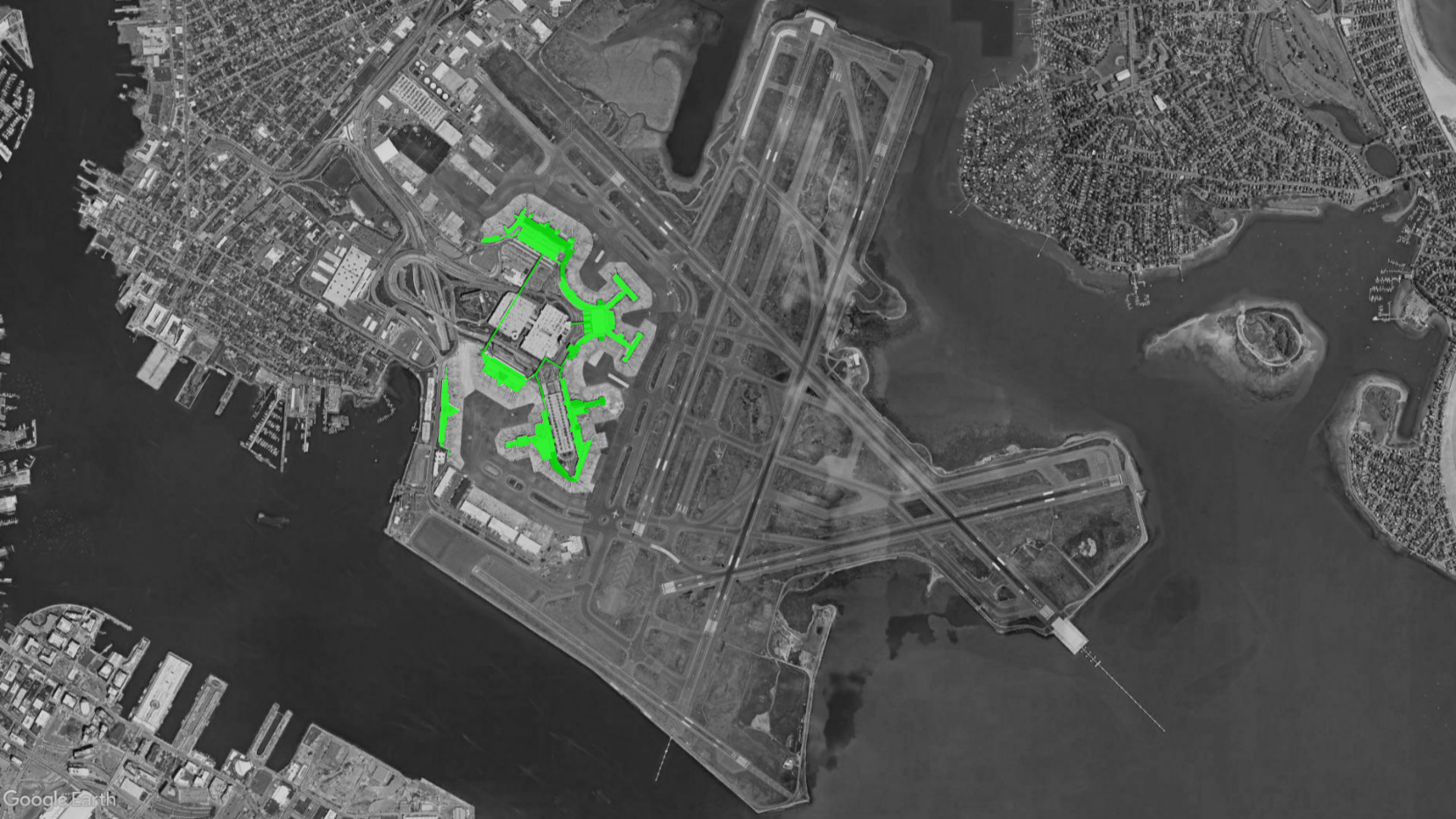 Highlighted airport terminals on a satellite map of Logan Airport.