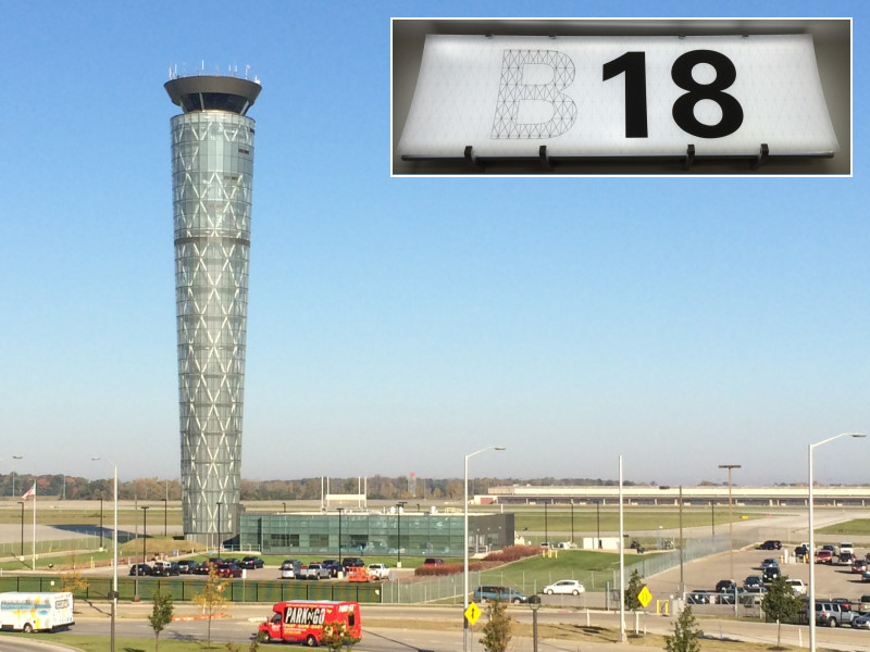 DAY tower, with an inset photo of signage in DAY terminal.