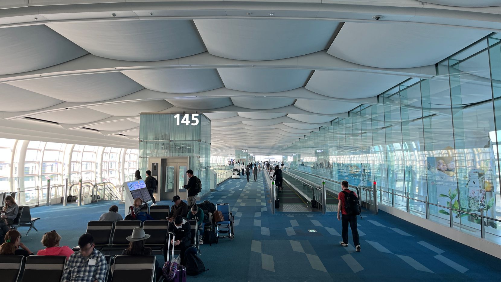 Airport gates in a long terminal. A glass wall runs down the length of the terminal on the right side.