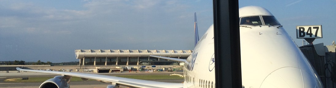 A Lufthansa Boeing 747 at IAD gate B47.