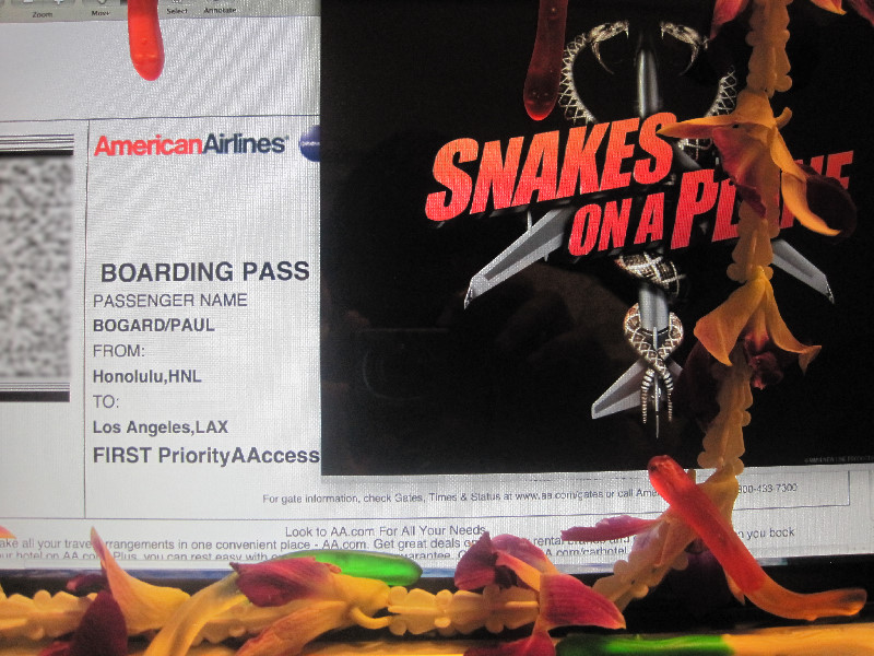 Boarding pass for a HNL to LAX flight, next to the Snakes on a Plane movie poster, several gummy snakes, and a lei.