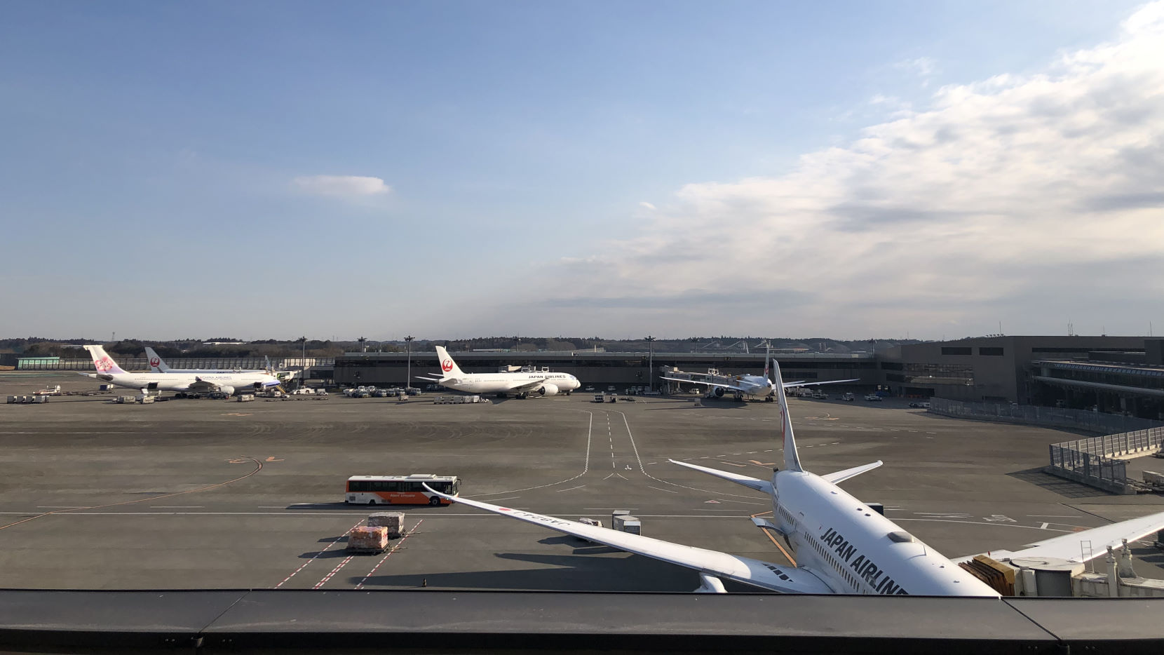 View from the roof of Terminal 2, with multiple Japan Airlines jets parked at gates.