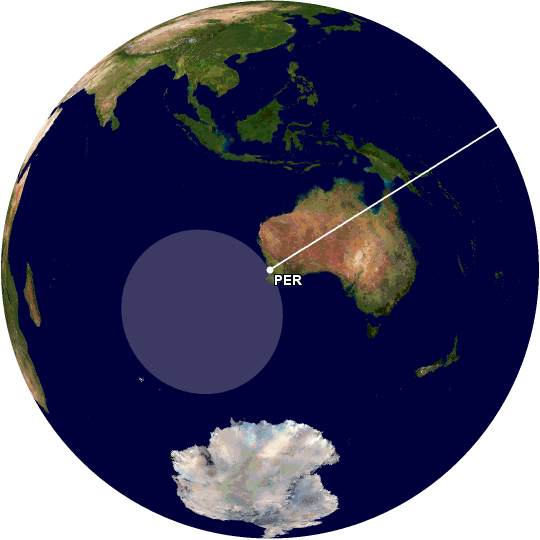 A globe, with a circular area highlighting everywhere that is further from DAY than PER. The circle is all in the Indian ocean except for a tiny corner of the southwesternmost tip of Australia.