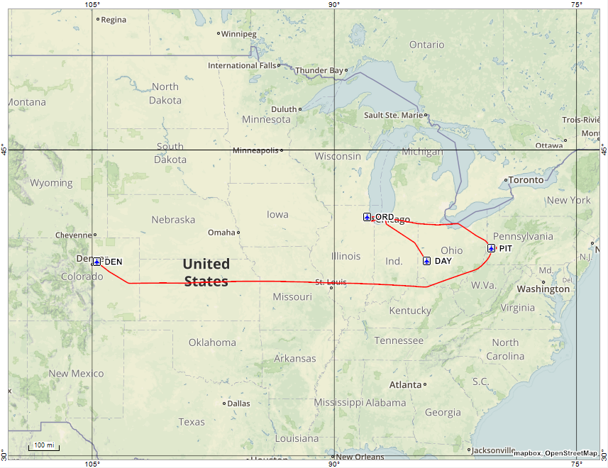 Map showing flight tracks from DAY to ORD to PIT to DEN.