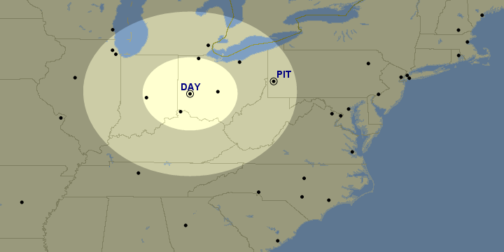Great Circle Mapper map showing airports within a 120 and 270&nbsp;mile radius ring around DAY. DAY and PIT are highlighted.