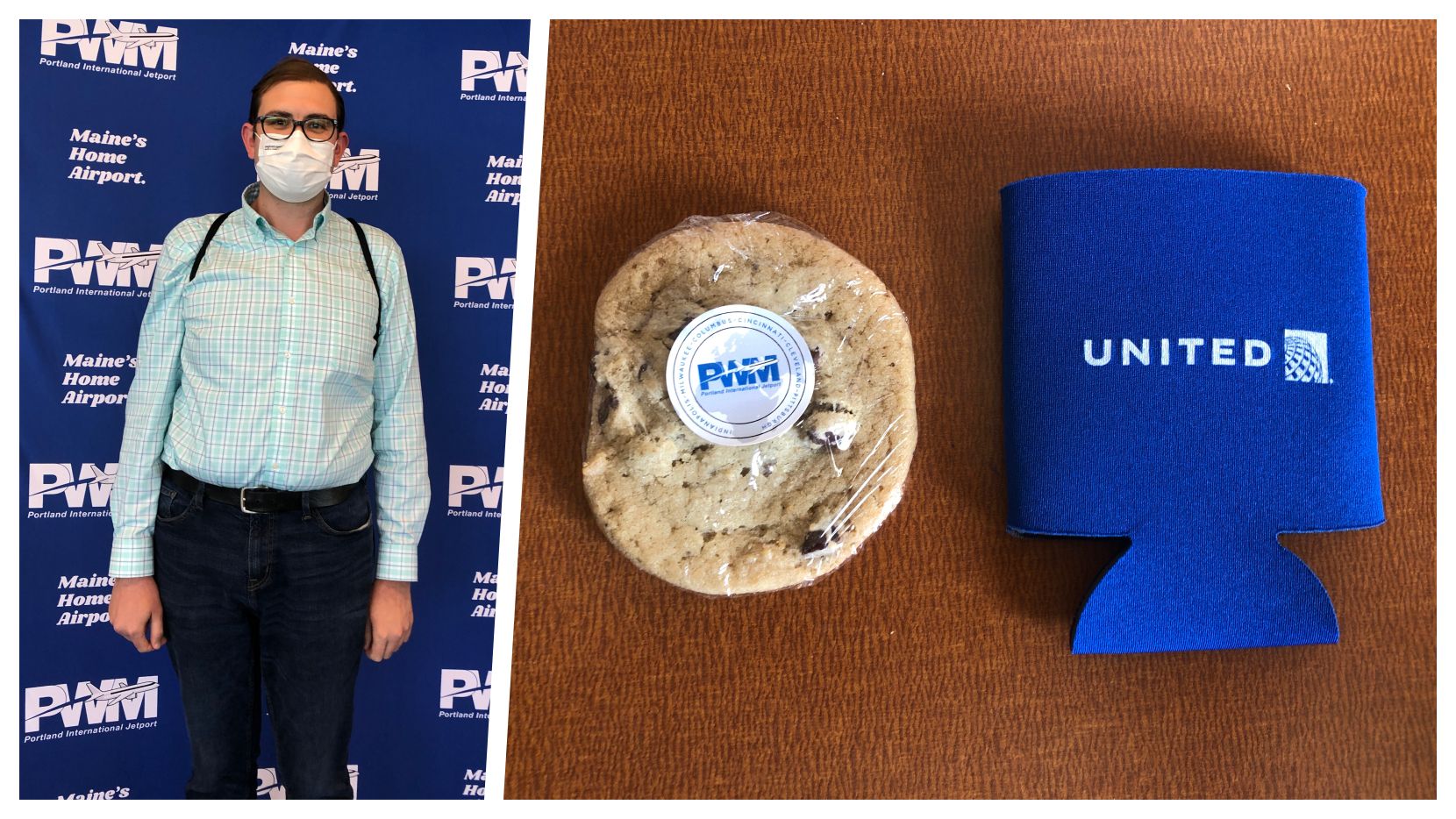Paul standing in front of a wall patterned with the PMH airport logo, a cookie with a PWM sticker, and a United Airlines drink koozie.
