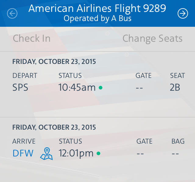 American Airlines app, showing AA flight 9289 from SPS to DFW, operated by 'A Bus.'