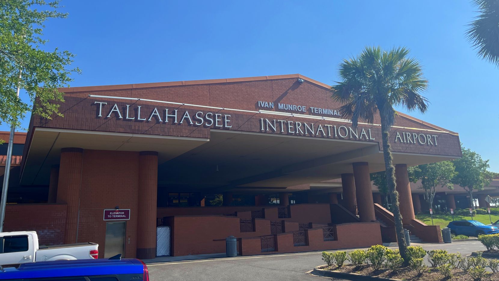 Exterior of terminal of Tallahassee International Airport, as seen from the parking lot.
