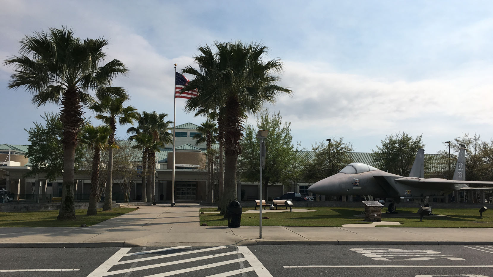 An F-15 on display in front of the VPS terminal building.
