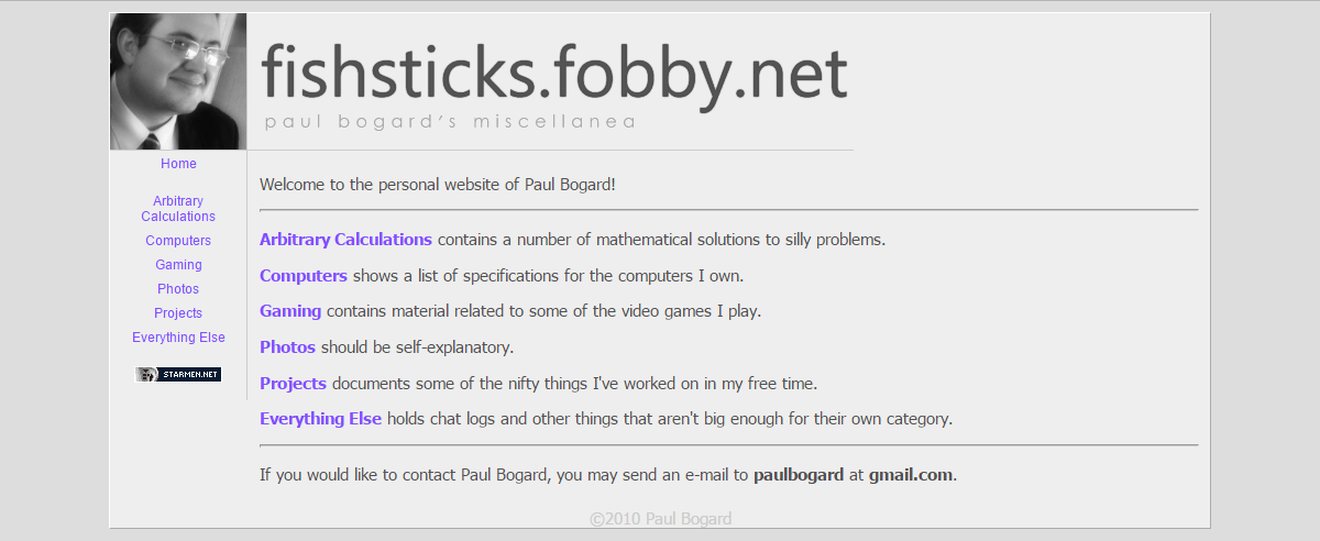 Home page of fishsticks.fobby.net, showing links to calculations, computers, gaming, photos, projects, and an 'everything else' category.