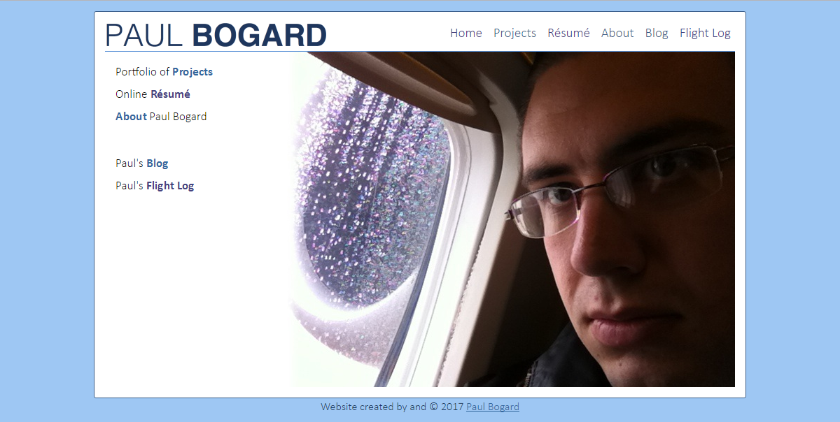 Home page of Paul Bogard’s Portfolio (2012), showing links to projects, a résumé, an about page, a blog, and a flight log.