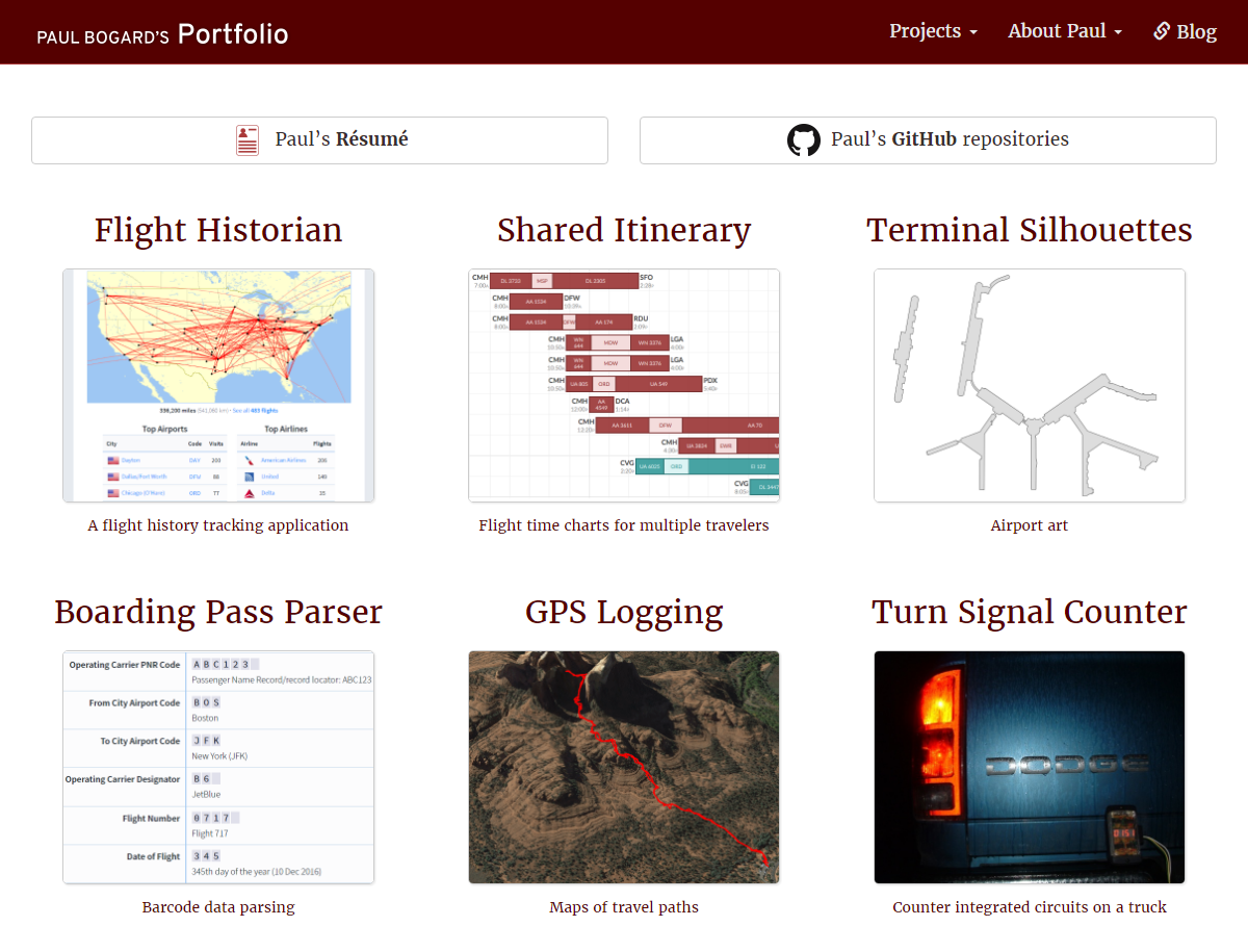 Home page of Paul Bogard’s Portfolio (2016), showing a grid of tiles, each with a preview image for a project.