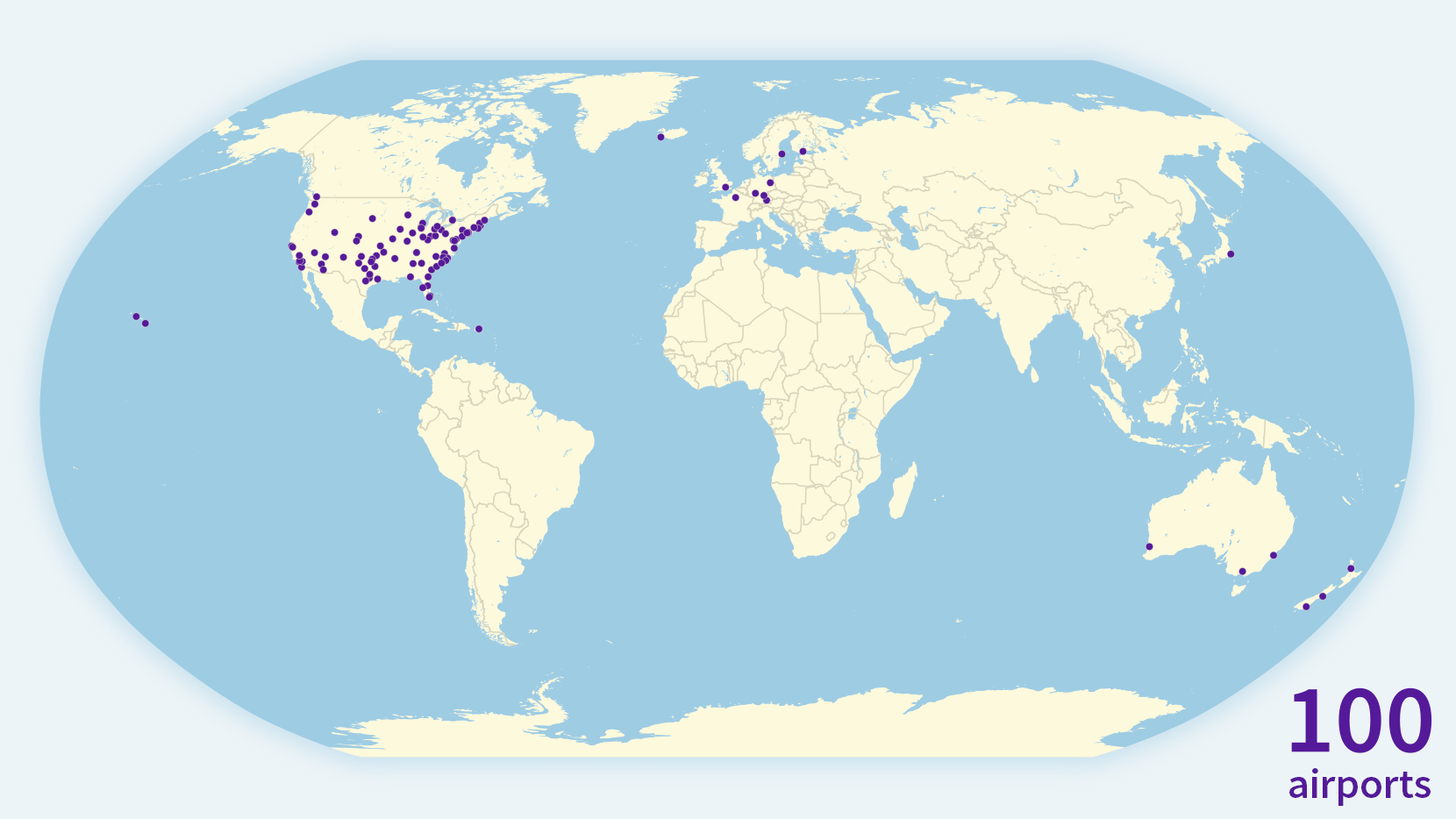 A world map showing the location of all 100 airports. The map is animated and adds one airport at a time, in the order I visited them.