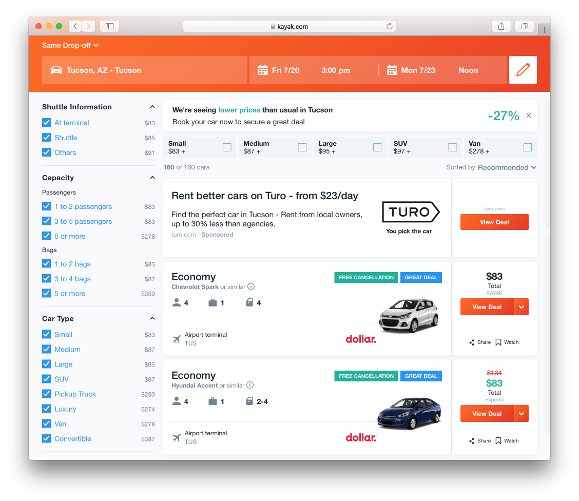 Rental car selection screen on Kayak.com.