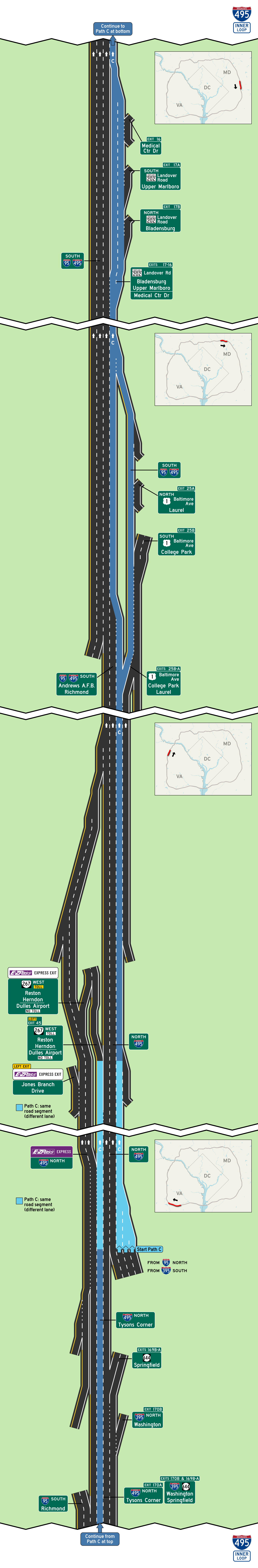 Lane continuity diagram for outer beltway, representing a visual of the instruction text below.
