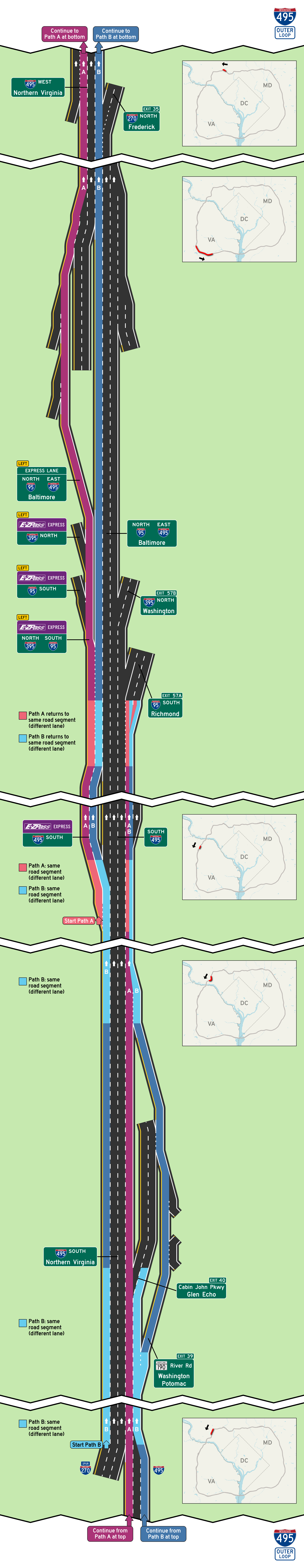 Lane continuity diagram for outer beltway, representing a visual of the instruction text below.