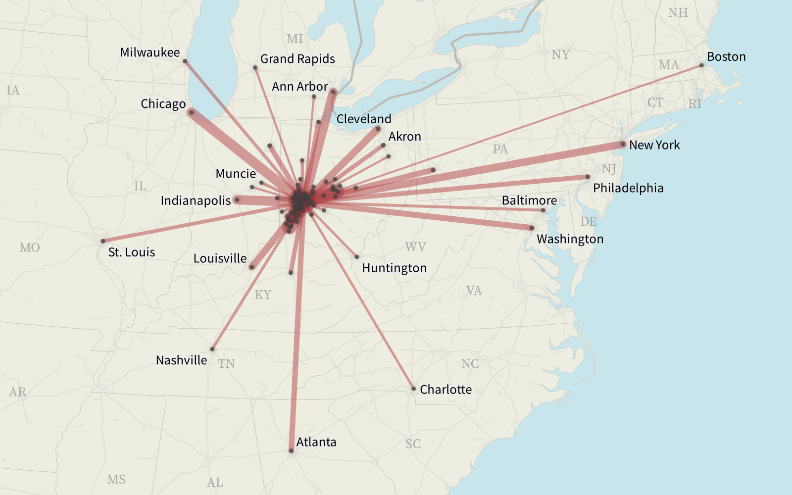 Map of the eastern United states showing lines from 100 towns and cities to Beavercreek, Ohio.