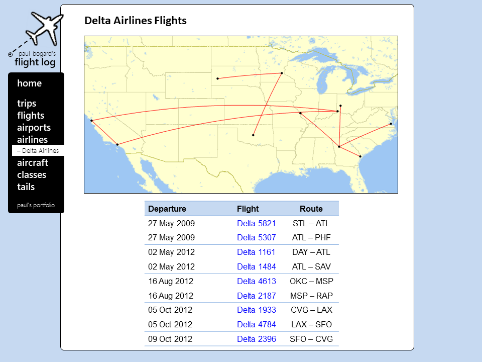 An old mockup for the show airlines page for Delta Air Lines.
