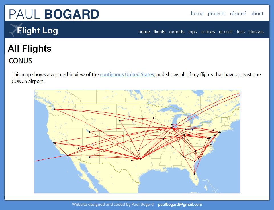 Mockup of the Flight Log's All Flights page under Paul Bogard's Portfolio, with Flight Log menubar.