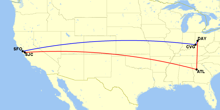 Map showing DAY-CVG-SFO in blue, and SJC-ATL-DAY in red.