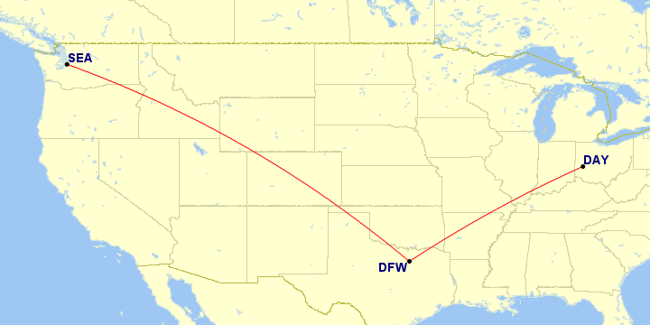 Map showing flights from DAY to DFW to SEA.