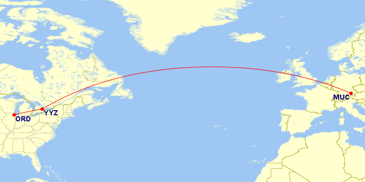 Map of flights from ORD to YYZ to MUC.