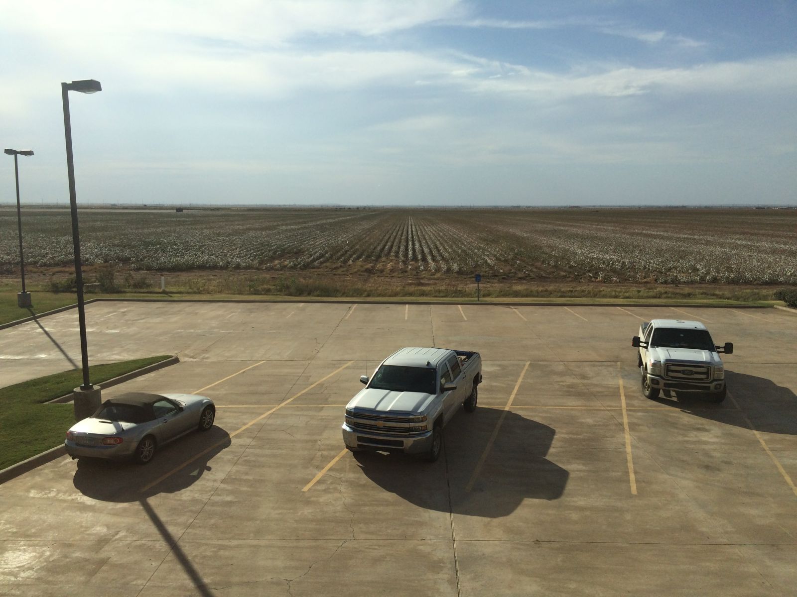 A view of a cotton field from the window of a room at the Hampton Inn Altus