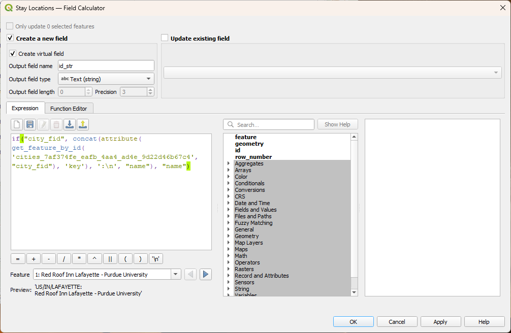 Screenshot of the QGIS field calculator dialog