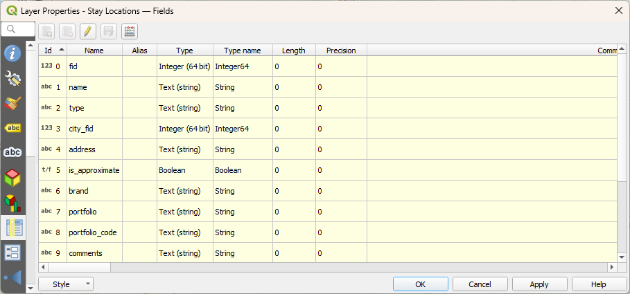 Screenshot of the QGIS fields dialog