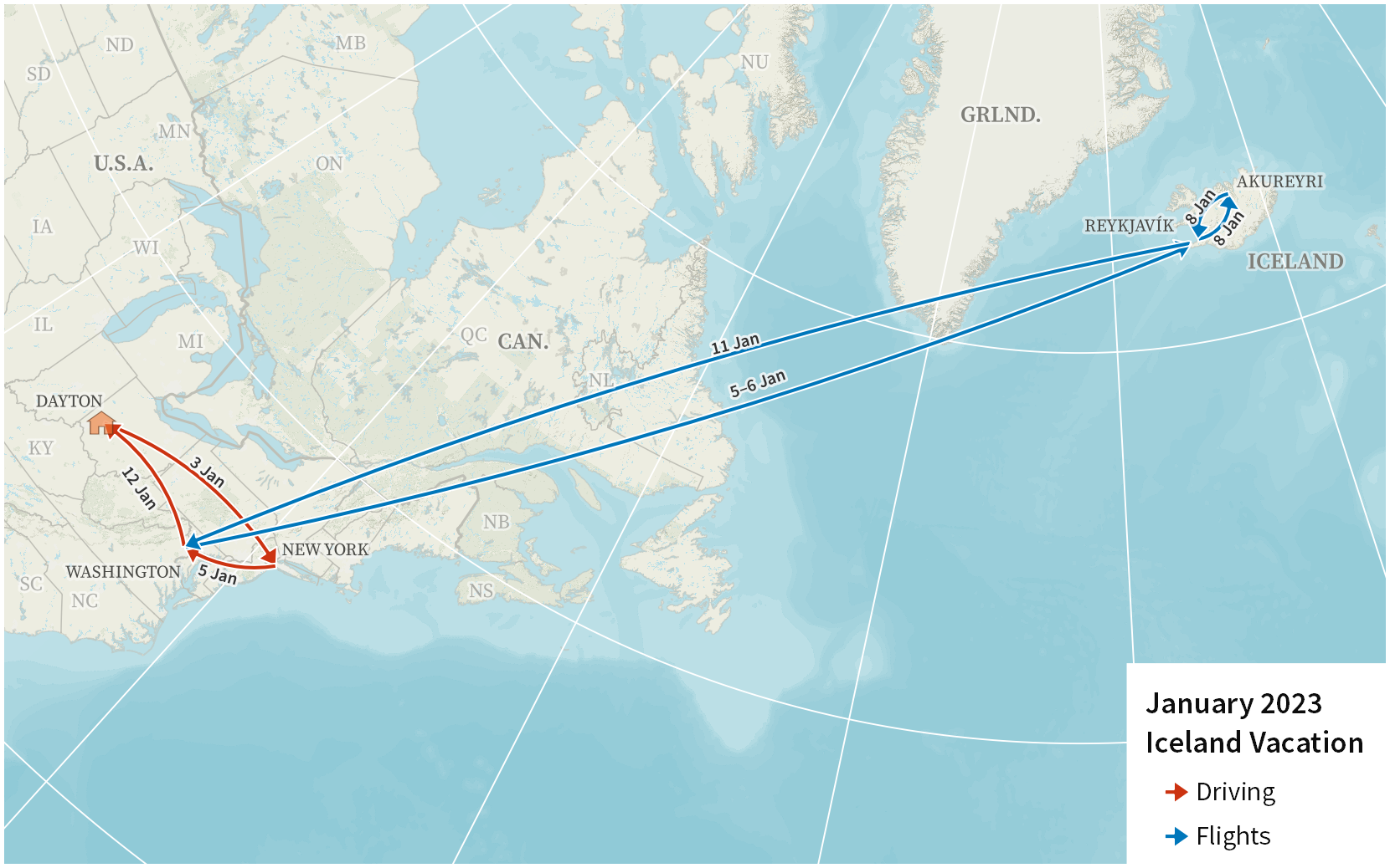 Map of the eastern US and Iceland, labeled January 2023 Iceland Vacation, with arrows showing driving and flying. Drive Dayton to New York on 3 January. Drive New York to Washington on 5 January. Fly Washington to Reykjavík on 5 to 6 January. Fly Reykjavík to Akureyri and back to Reykjavík on 8 January. Fly Reykjavík to Washington on 11 January. Drive Washington to Dayton on 12 January.