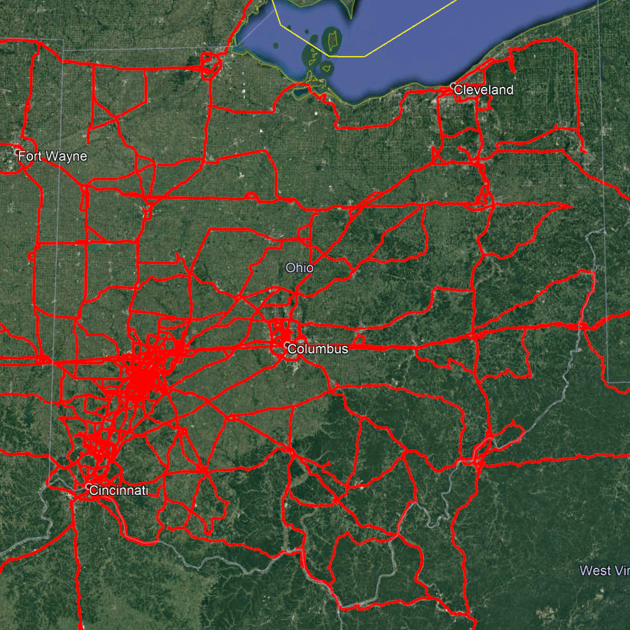 Map of Ohio showing Paul’s driving tracks.