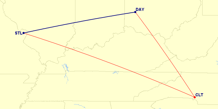 A map of flights from STL to CLT to DAY.