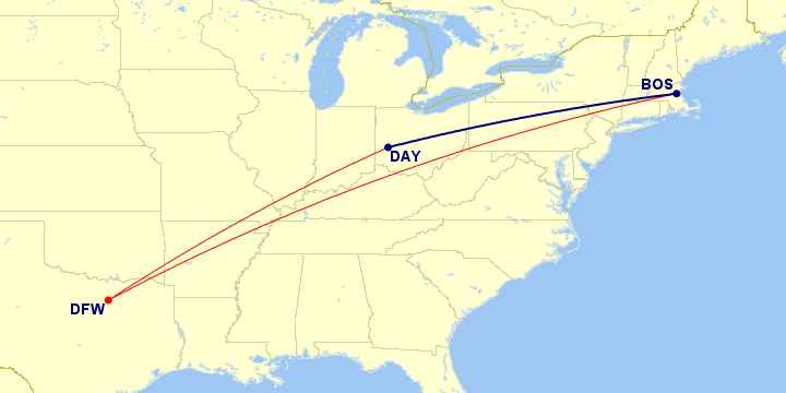 A map of flights from DAY to DFW to BOS.