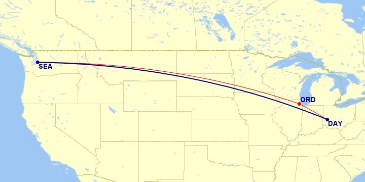 A map of flights from DAY to ORD to SEA.