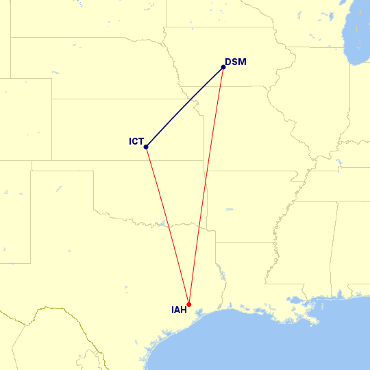 A map of flights from DSM to IAH to ICT.