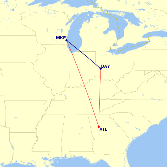 A map of flights from MKE to ATL to DAY.
