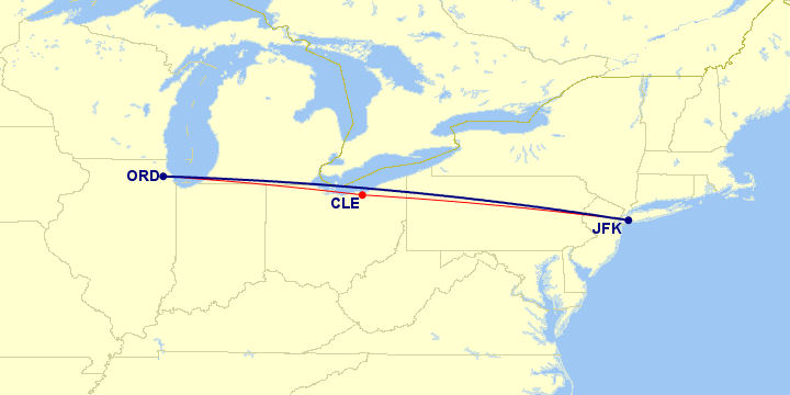A map of flights from ORD to CLE to JFK.
