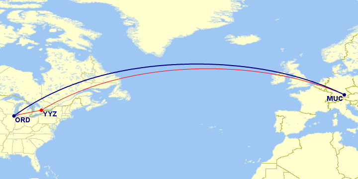 A map of flights from ORD to YYZ to MUC.