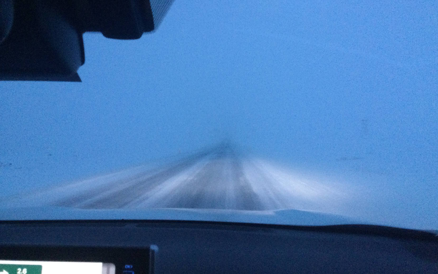 Near-whiteout conditions on an Icelandic road.