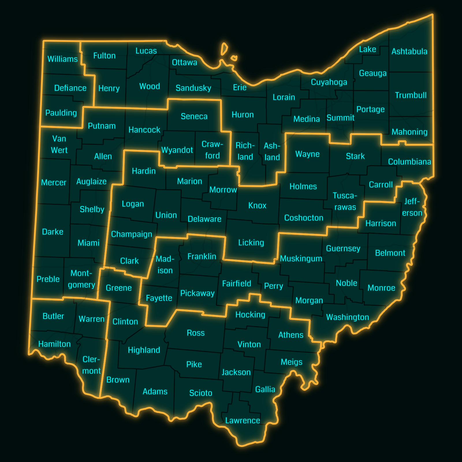 Map of Ohio's 88 counties, color-coded into seven groups. Group: Williams, Paulding, Defiance. Group: Henry, Fulton, Lucas, Wood, Sandusky, Ottawa, Erie, Huron, Lorain, Cuyahoga, Geauga, Lake, Ashtabula, Mahoning, Trumbull, Portage, Summit, Medina, Ashland, Richland. Group: Warren, Butler, Hamilton, Clermont. Group: Clark, Union, Delaware, Licking, Coshocton, Tuscarawas, Carroll, Columbiana, Stark, Wayne, Holmes, Knox, Morrow, Marion, Hardin. Group: Montgomery, Preble, Darke, Mercer, Van Wert, Putnam, Hancock, Seneca, Crawford, Wyandot, Allen, Auglaize, Shelby, Miami. Group: Ross, Pike, Jackson, Vinton, Hocking, Athens, Meigs, Gallia, Lawrence, Scioto, Adams, Brown, Highland, Clinton, Greene. Group: Madison, Franklin, Muskingham, Guernsey, Harrison, Jefferson, Belmont, Monroe, Noble, Washington, Morgan, Perry, Fairfield, Pickaway, Fayette.