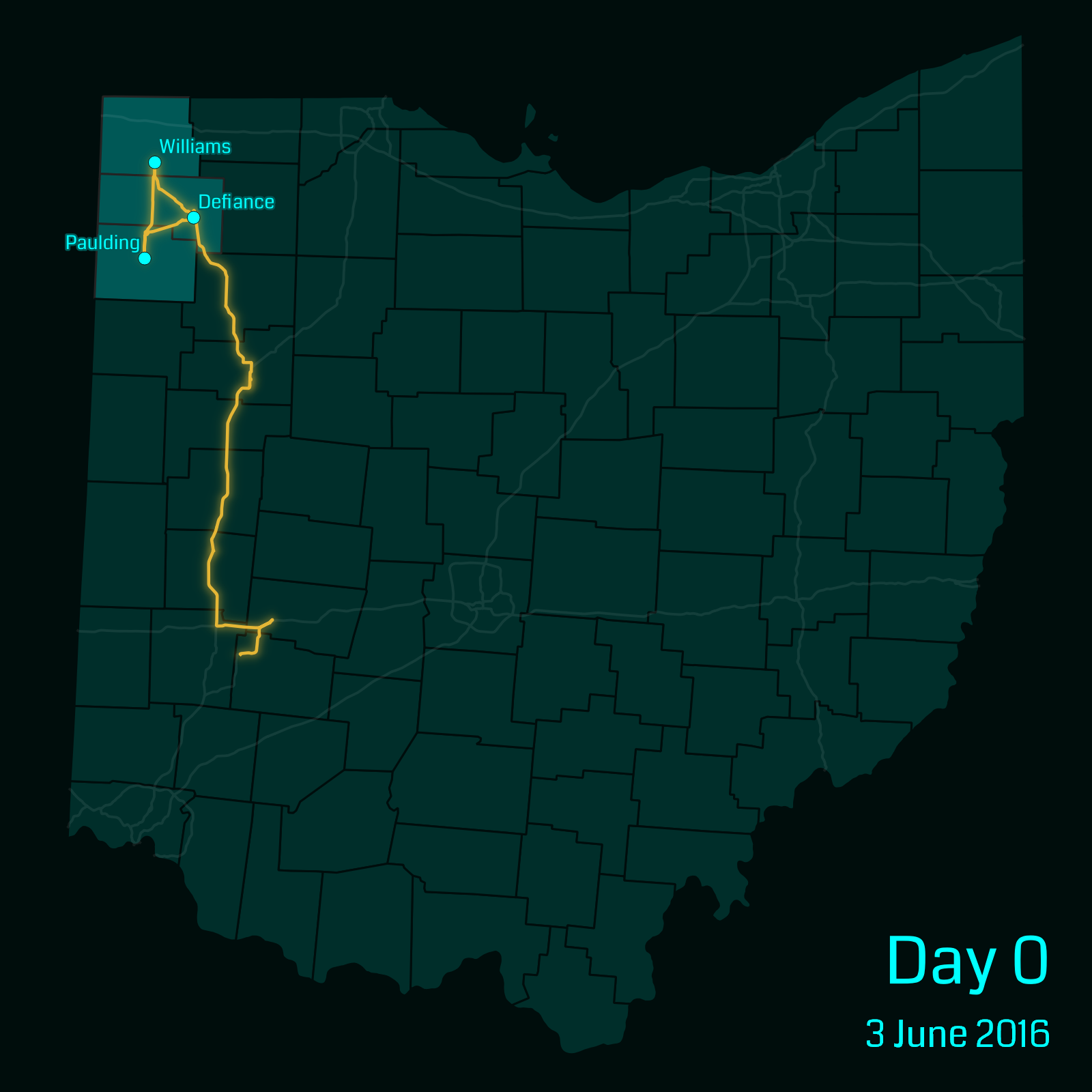 Ohio map showing a route through the following counties: Williams, Paulding, Defiance.