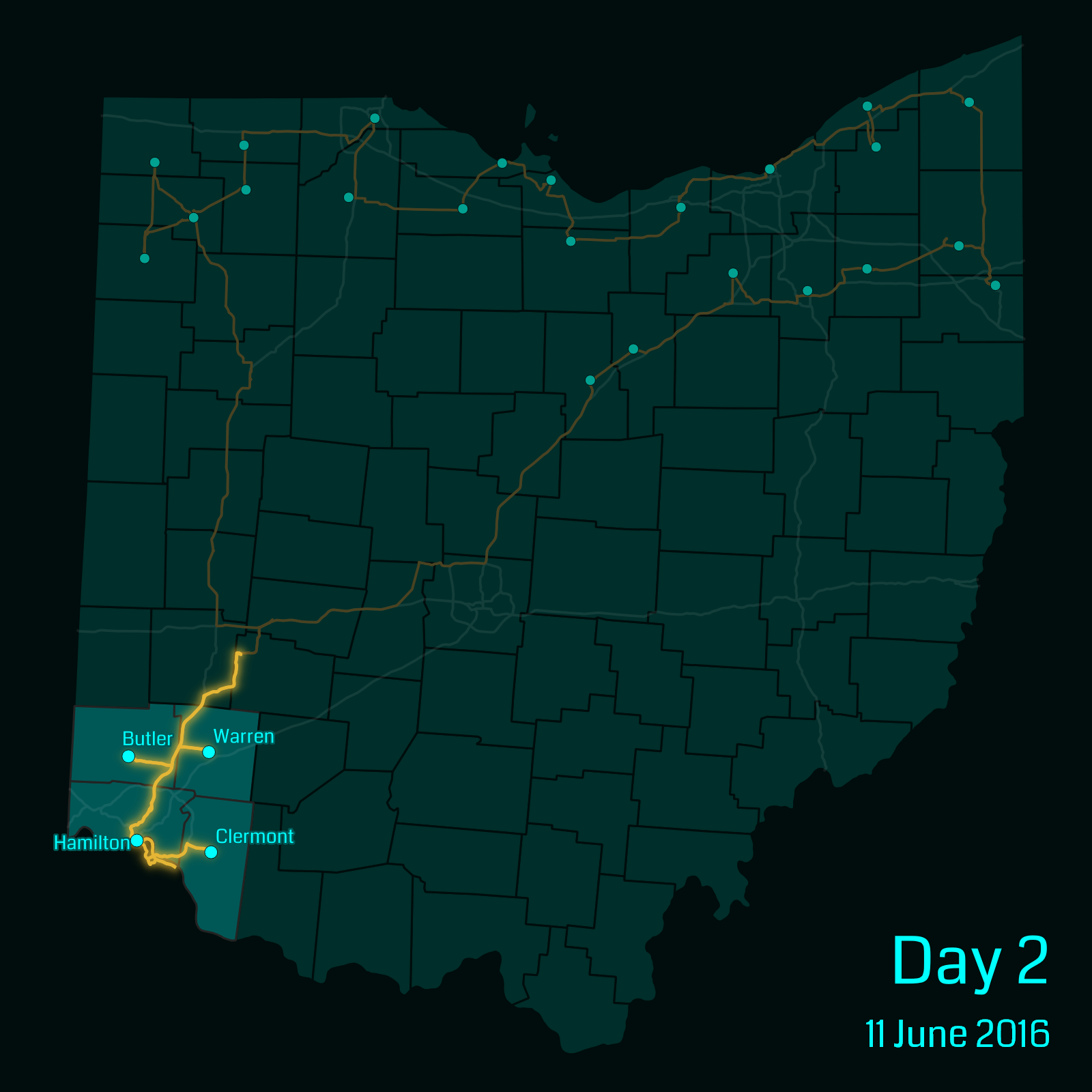 Ohio map showing a route through the following counties: Warren, Butler, Hamilton, Clermont.