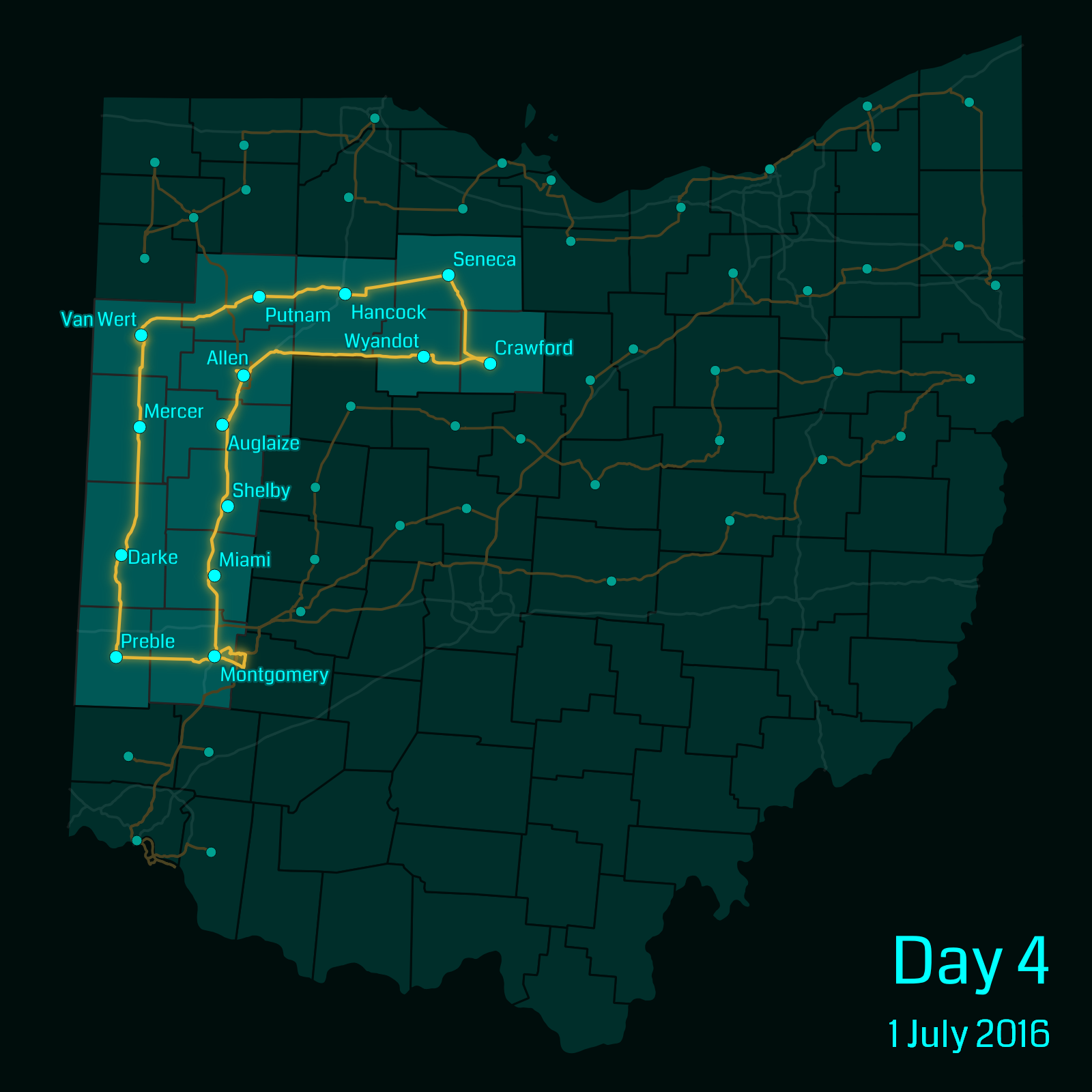 Ohio map showing a route through the following counties: Montgomery, Preble, Darke, Mercer, Van Wert, Putnam, Hancock, Seneca, Crawford, Wyandot, Allen, Auglaize, Shelby, Miami.