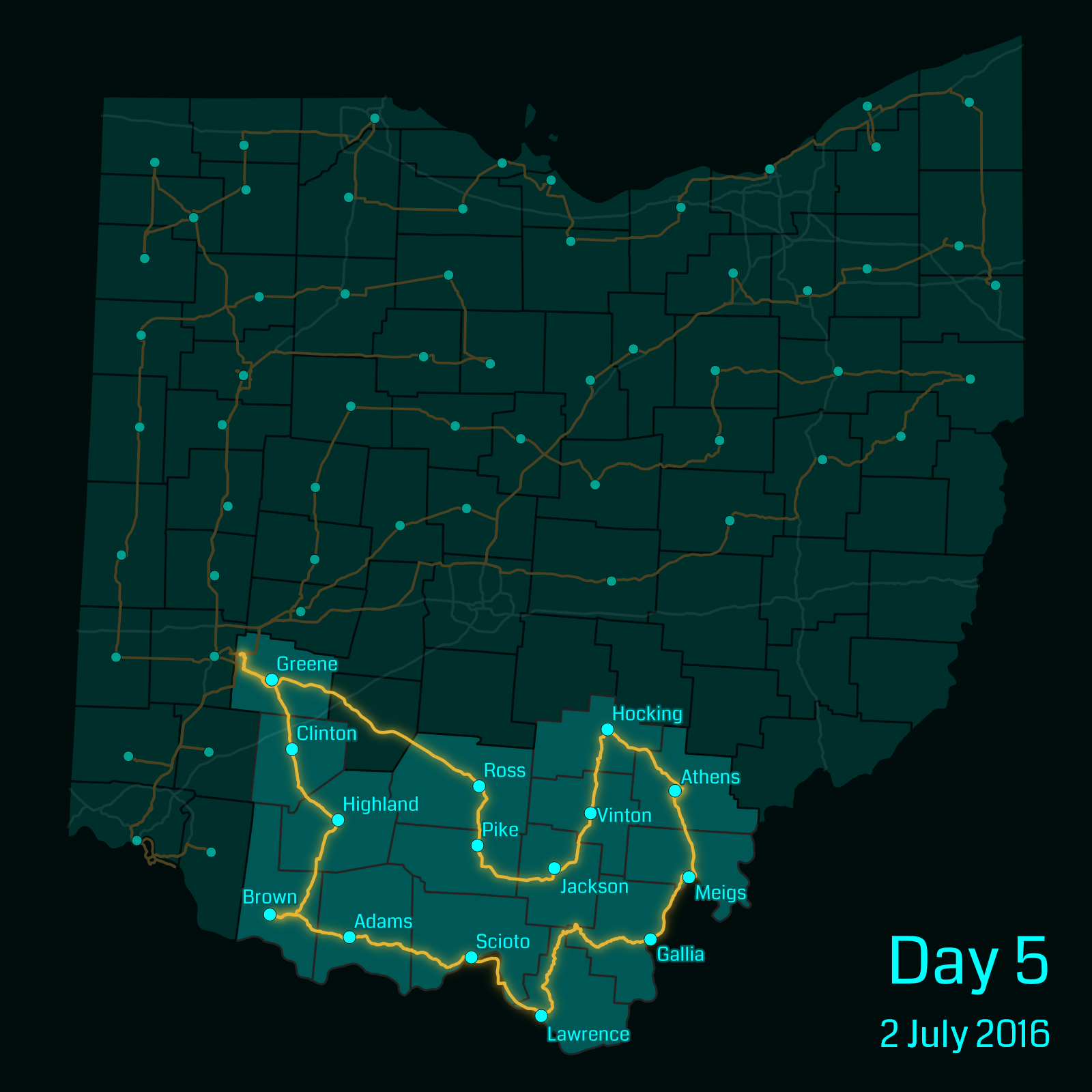 Ohio map showing a route through the following counties: Ross, Pike, Jackson, Vinton, Hocking, Athens, Meigs, Gallia, Lawrence, Scioto, Adams, Brown, Highland, Clinton, Greene.