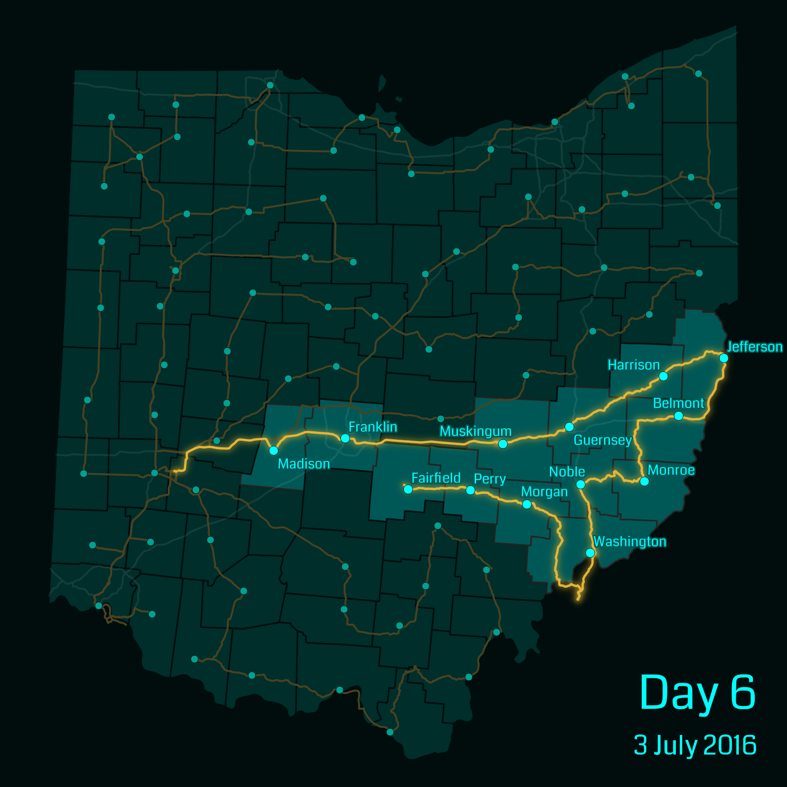 Ohio map showing a route through the following counties: Madison, Franklin, Muskingham, Guernsey, Harrison, Jefferson, Belmont, Monroe, Noble, Washington, Morgan, Perry, Fairfield.