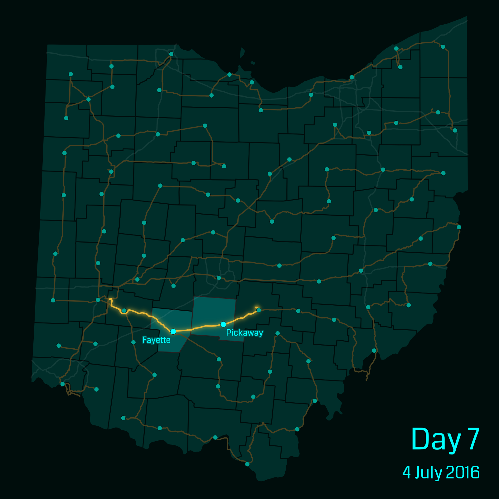 Ohio map showing a route through Pickaway and Fayette counties.