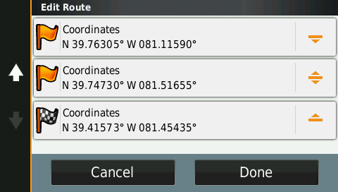 Edit Route screen on a Garmin GPS, showing how multiple consecutive sets of coordinates can be entered.